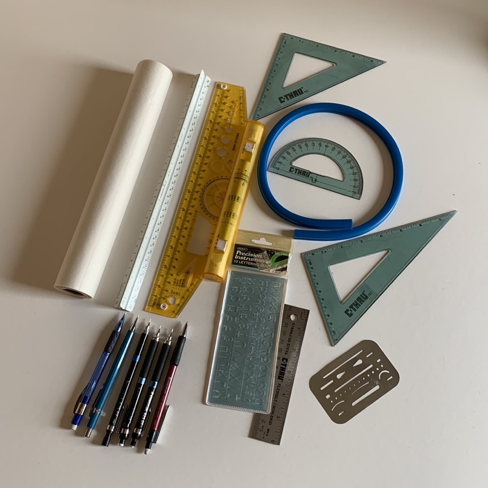 Drafting tools, paper, mechanical pencils